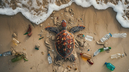A sea turtle navigates a sandy beach littered with plastic bottles, highlighting the pressing issue of marine pollution.の素材