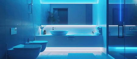 A modern, smart bathroom with glowing blue interface panels and sleek, white fixtures.の素材