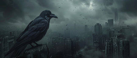 A raven perches in the foreground of a dystopian cityscape under a dim sky, symbolizing ominous change.の素材