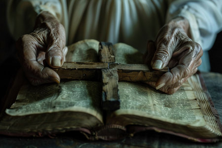 A person's hands clasping a wooden cross over an open Bible in a quiet moment of faith and prayer.の素材