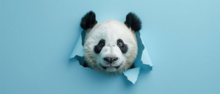 A playful panda bear peeks through a tear in a light blue paper, evoking curiosity and cuteness.の素材
