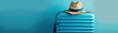 Blue travel suitcase with a stylish hat on top, suggesting trip readiness.の素材