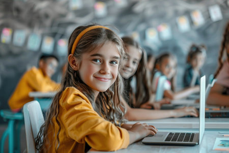 Cheerful young girl with classmates using laptops for education in a modern school classroom.の素材