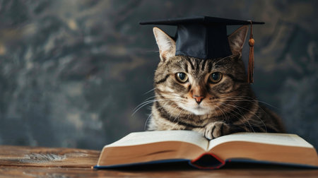 An intelligent-looking cat with a graduation cap attentively reads a book, an amusing take on education and learning.の素材