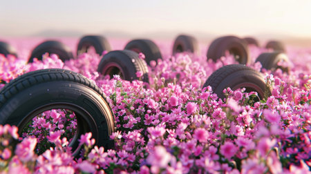 Car tires creatively placed in a field of blooming pink flowers, blending automotive and nature themes.の素材