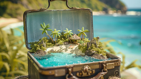 Miniature tropical beach scene within an open suitcase, symbolizing dream vacations.の素材