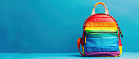 Stylish rainbow-colored backpack displayed on a vibrant blue backdrop.の素材