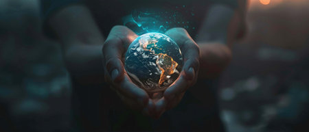 Two hands emerge from the darkness to gently hold a glowing Earth, conveying protection and responsibility for our planet.の素材