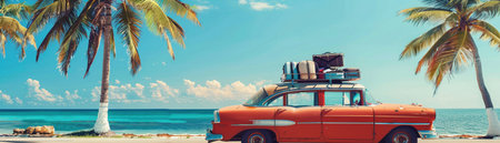 A classic car packed with luggage signifies the start of an adventurous road trip on a tropical island route.の素材