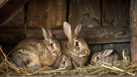 A heartwarming family of rabbits nestled in a straw-filled corner of a rustic barn.の素材