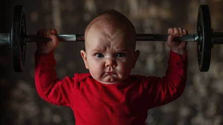 A baby in a red shirt shows a face of determination while holding up a barbell, a metaphor for overcoming obstacles.の素材