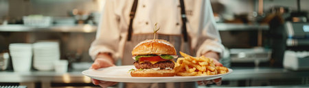 A fast-food worker in a uniform presenting a tray with a burger and fries in the kitchen.の素材