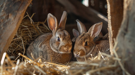 A heartwarming family of rabbits nestled in a straw-filled corner of a rustic barn.の素材