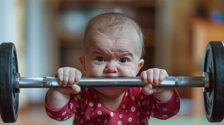A determined baby with a funny expression attempts to lift a heavy barbell, symbolizing effort and challenge.の素材