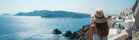A woman gazes over the blue waters and white architecture of Santorini, Greece, enjoying the idyllic view.の素材