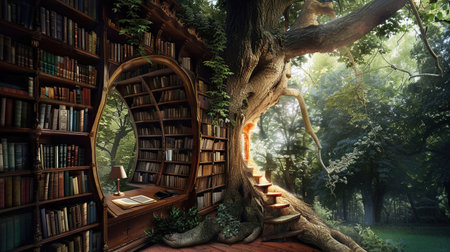 An ethereal and mystical library built within an ancient tree's hollow, surrounded by nature and arched bookshelves.の素材