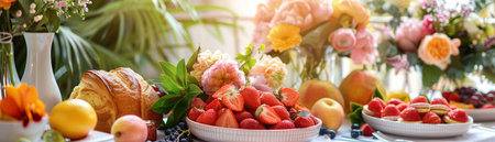 A summer brunch table elegantly laid out with fresh fruits, pastries, and flowers in bright natural light.の素材