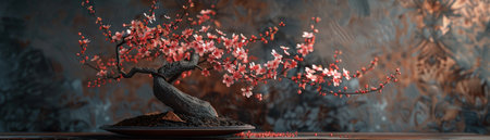 An artistic representation of a cherry blossom bonsai tree, beautifully crafted and isolated on a dark background.の素材