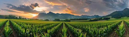 A sweeping view of a lush cornfield with a majestic mountain range in the distance.の素材