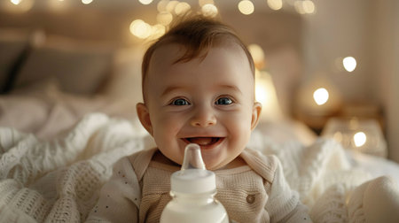 An adorable baby smiling with a milk bottle in a bright, cozy indoor setting.の素材