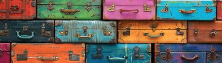 Close-up of a vibrant collection of stacked suitcases, representing travel and adventure.の素材
