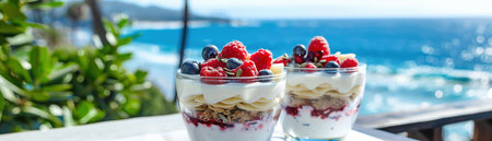 Healthy fruit parfaits served on a terrace with an ocean view, epitomizing a refreshing summer treat.の素材