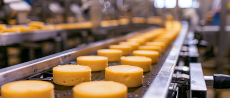 Rows of cheese wheels on a conveyor belt in an industrial food production facility.の素材