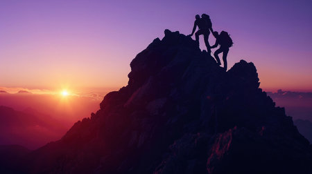 Silhouettes of two climbers helping each other reach the peak of a mountain at sunset.の素材