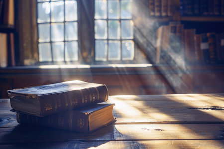 Two books lay on a wooden table, bathed in sunlight in a quiet library setting, suggesting peaceful study.の素材