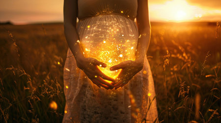 A pregnant woman cradling her belly which glows with golden light, symbolizing the miracle of life, at twilight.の素材