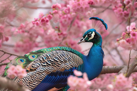A peacock displays its stunning plumage amidst the delicate pink blossoms of a flowering tree.の素材
