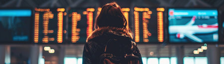 A traveler stands in an airport, gazing at the flight information display board, pondering over travel plans and schedules.の素材
