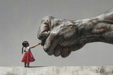 A little girl and a giant's fist come together in a symbolic fist bump of unity and strength.の素材