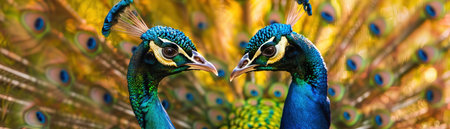 A pair of peacocks confront each other, their richly colored feathers creating a stunning display.の素材