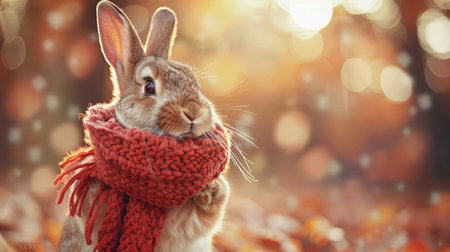 Bunny with a chic scarf, soft-focus, eye-level angle, warm lighting, cozy autumn fashion vibe, adorable sceneの素材