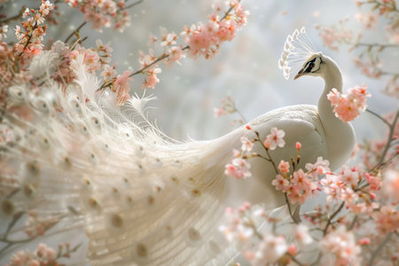 An ethereal white peacock perched among cherry blossoms basked in a dreamlike light.の素材