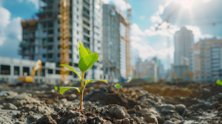 A young plant sprouts in an urban setting with construction in the background, illustrating the concept of growth and development amidst urbanization.の素材