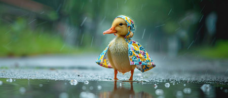 Duckling in a patterned raincoat, puddle reflection, eye-level, rainy day chic, joyful and cute, dynamic shotの素材