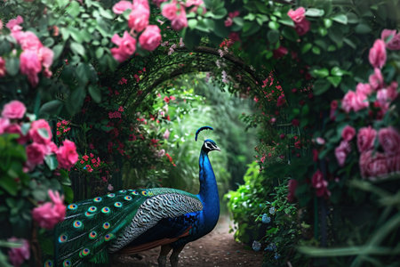 Elegant peacock standing serenely in a lush garden framed by a floral archway.の素材