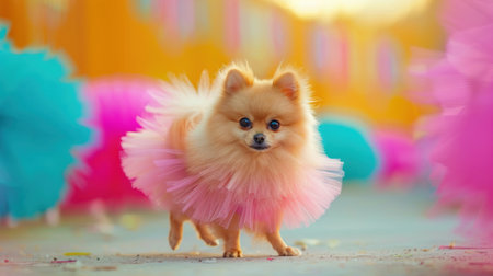 Pomeranian in a stylish tutu, vibrant setting, eye-level shot, fashion-forward, bright colors, cute overloadの素材