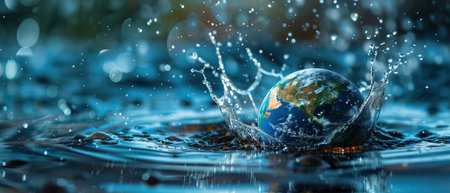 Planet Earth making a splash in water, symbolizing environmental impact and conservation.の素材