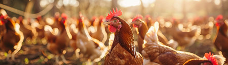 A bustling poultry farm filled with a variety of chickens, highlighting the scale of modern farming practices.の素材