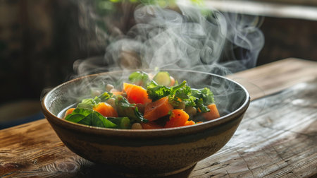 A bowl of hot steaming vegetables served on a rustic wooden table, capturing the essence of healthy comfort food.の素材