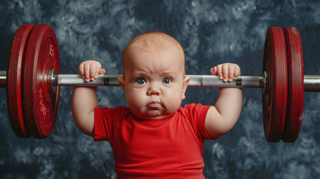 A baby in a red shirt shows a face of determination while holding up a barbell, a metaphor for overcoming obstacles.の素材