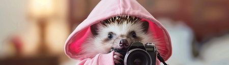A curious hedgehog in a pink hoodie holds a camera, ready for a photoshoot.の素材