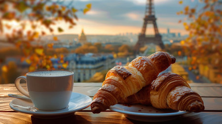 A classic Parisian breakfast featuring croissants and coffee with the Eiffel Tower in the backdrop, evoking a French morning ambiance.の素材