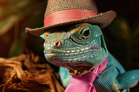 A fashionable lizard dons a summer hat and pink tie, showcasing a dapper style.の素材