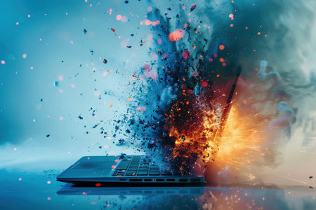 A conceptual representation of an exploding laptop with dynamic burst effect against a cool blue background.の素材