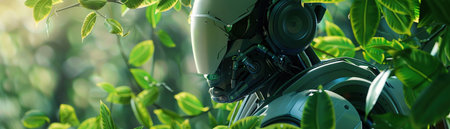 A futuristic robot peers through vibrant green leaves, illustrating the harmony that can exist between advanced technology and the natural world.の素材