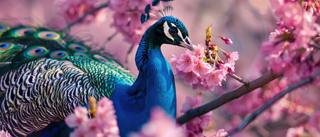 A majestic peacock displays its vibrant plumage among the cherry blossoms, a scene of splendor and grace.の素材